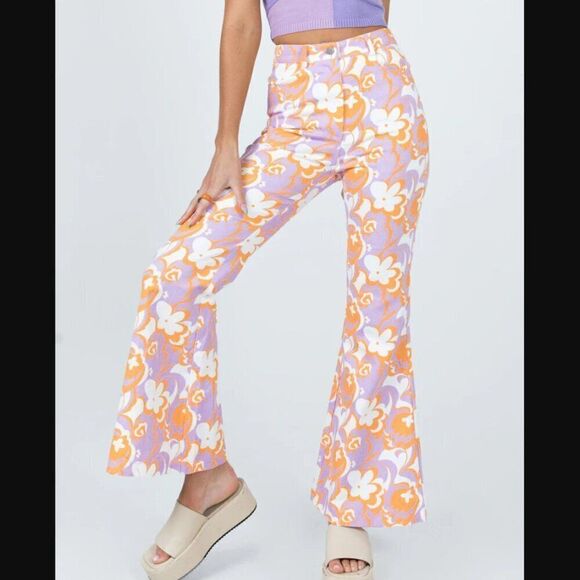 Princess Polly Jasmina Denim Jeans Pink Orange Floral 70s Vibe Flare Wide Legs - Picture 2 of 8